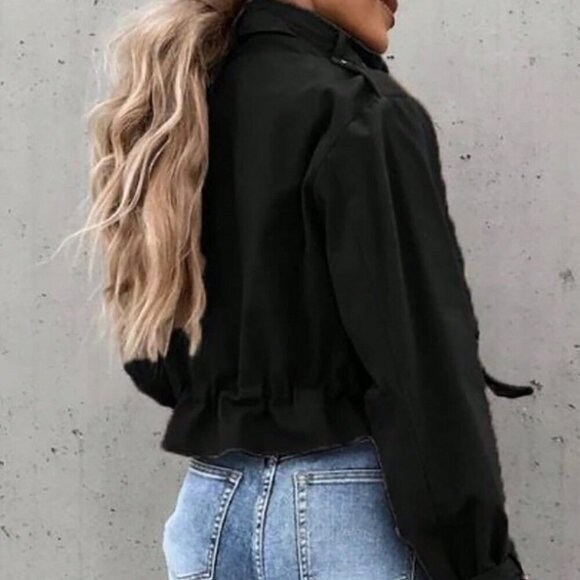 Black Casual Women Long Sleeve Front Zipper Jacket with Pockets - Picture 2 of 7